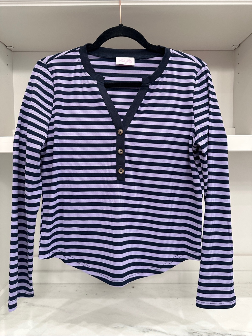 Pink Lily medium purple and black striped top. Like new